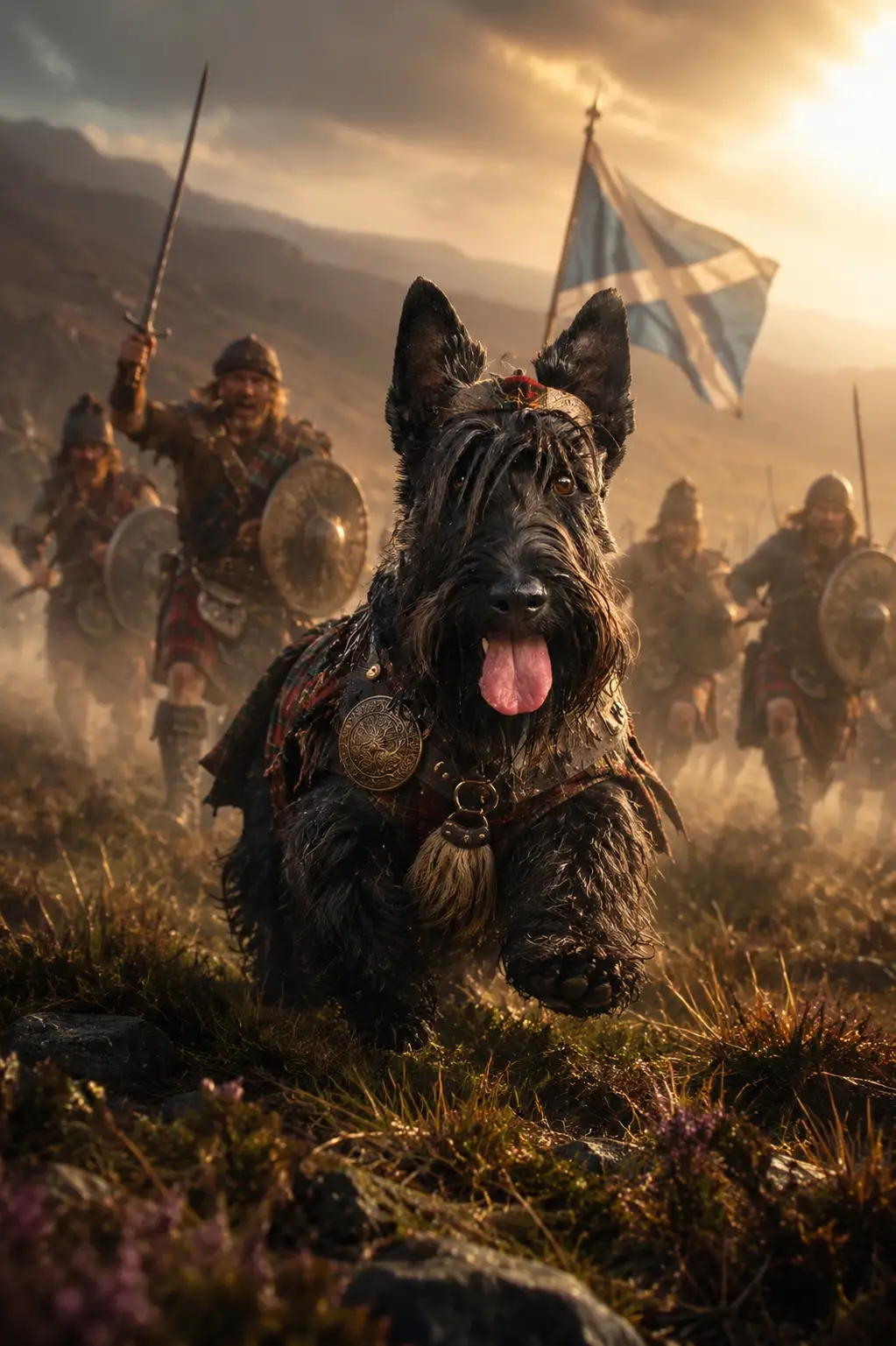 Scottish terrier charging across a misty forest moor