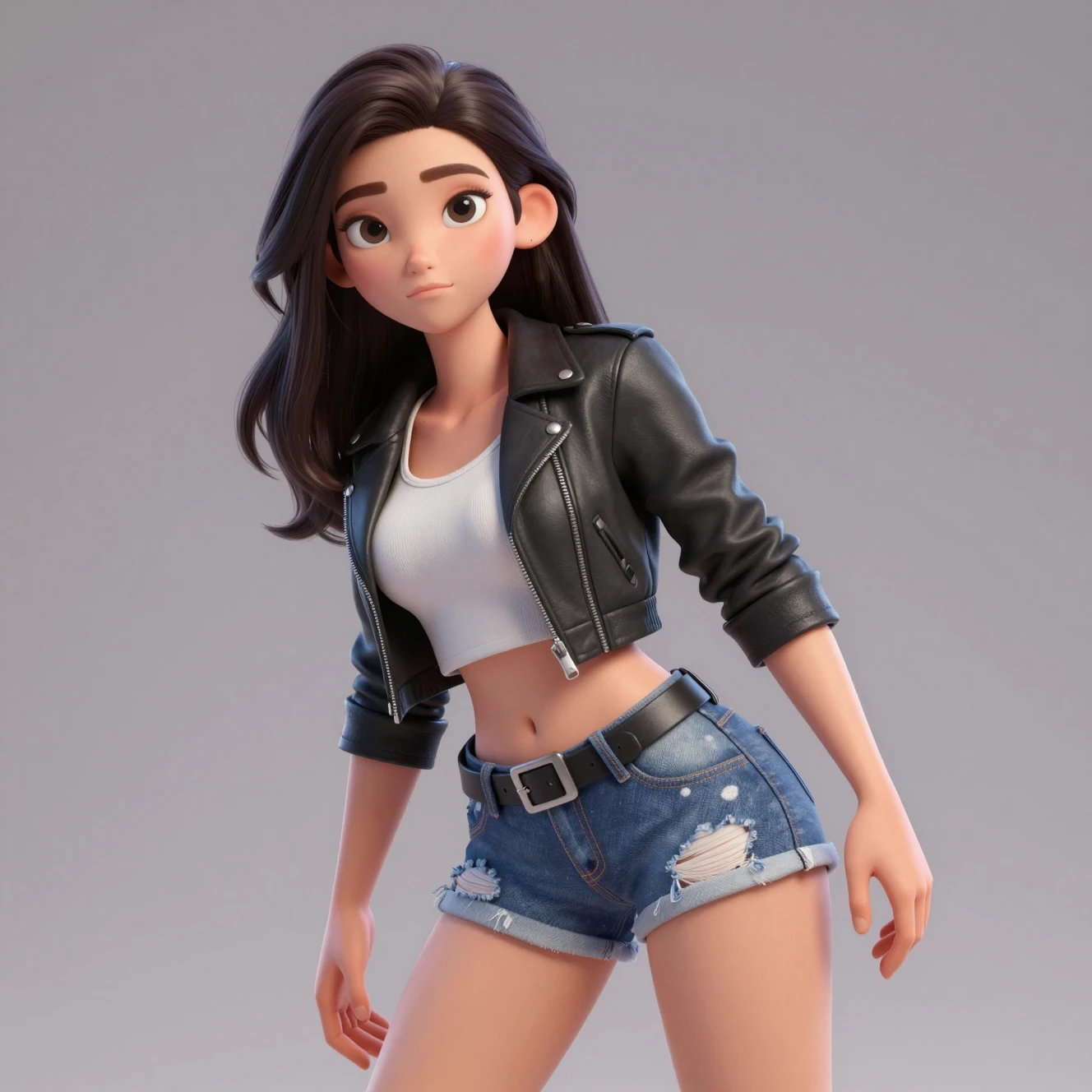 Mulher 3D estilizada com jaqueta de couro e shorts jeans