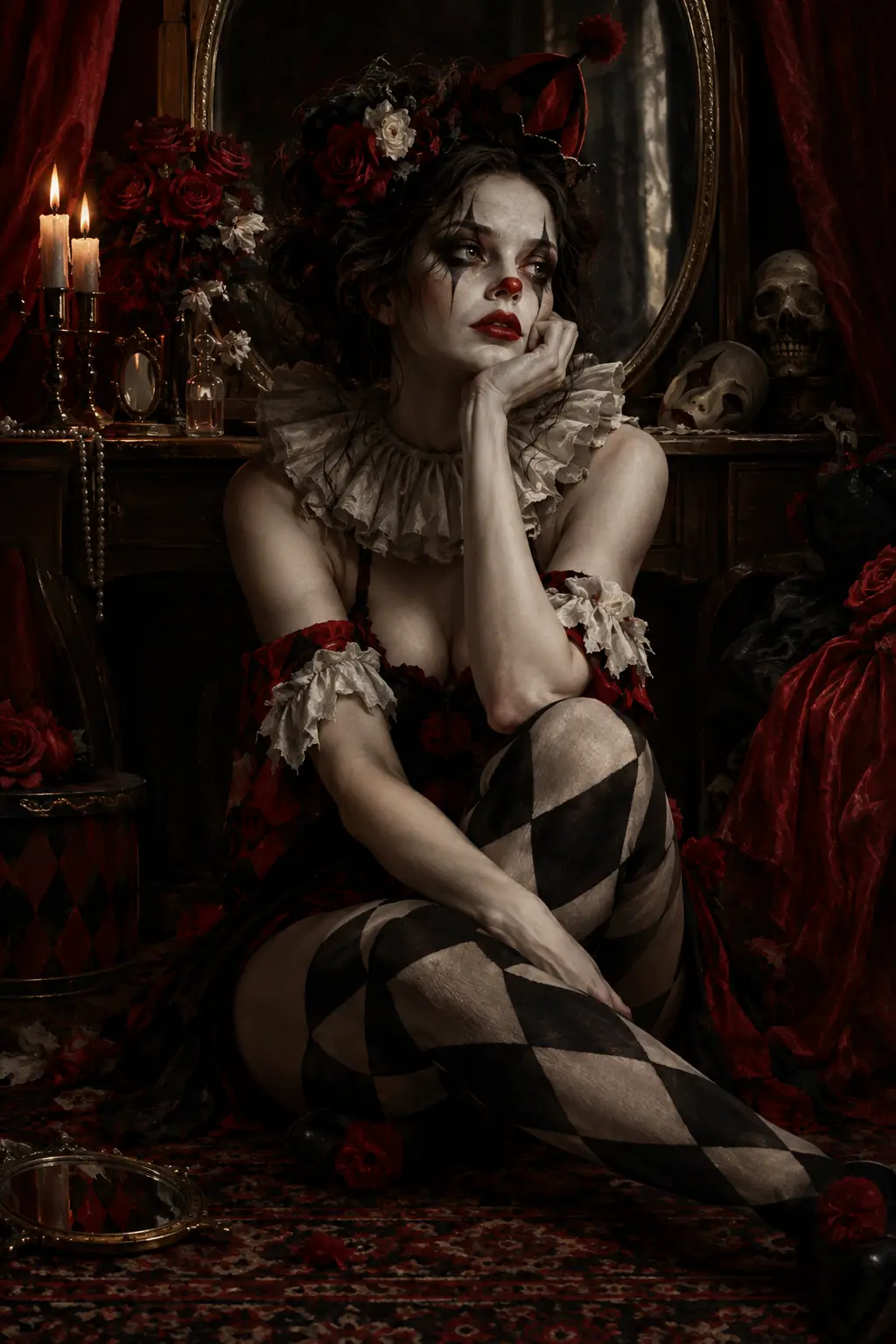 Pensive female clown sitting alone in a dim dressing room
