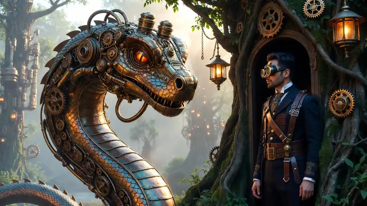 Steampunk-Schlange, die sich um ein uraltes Baumhaus windet