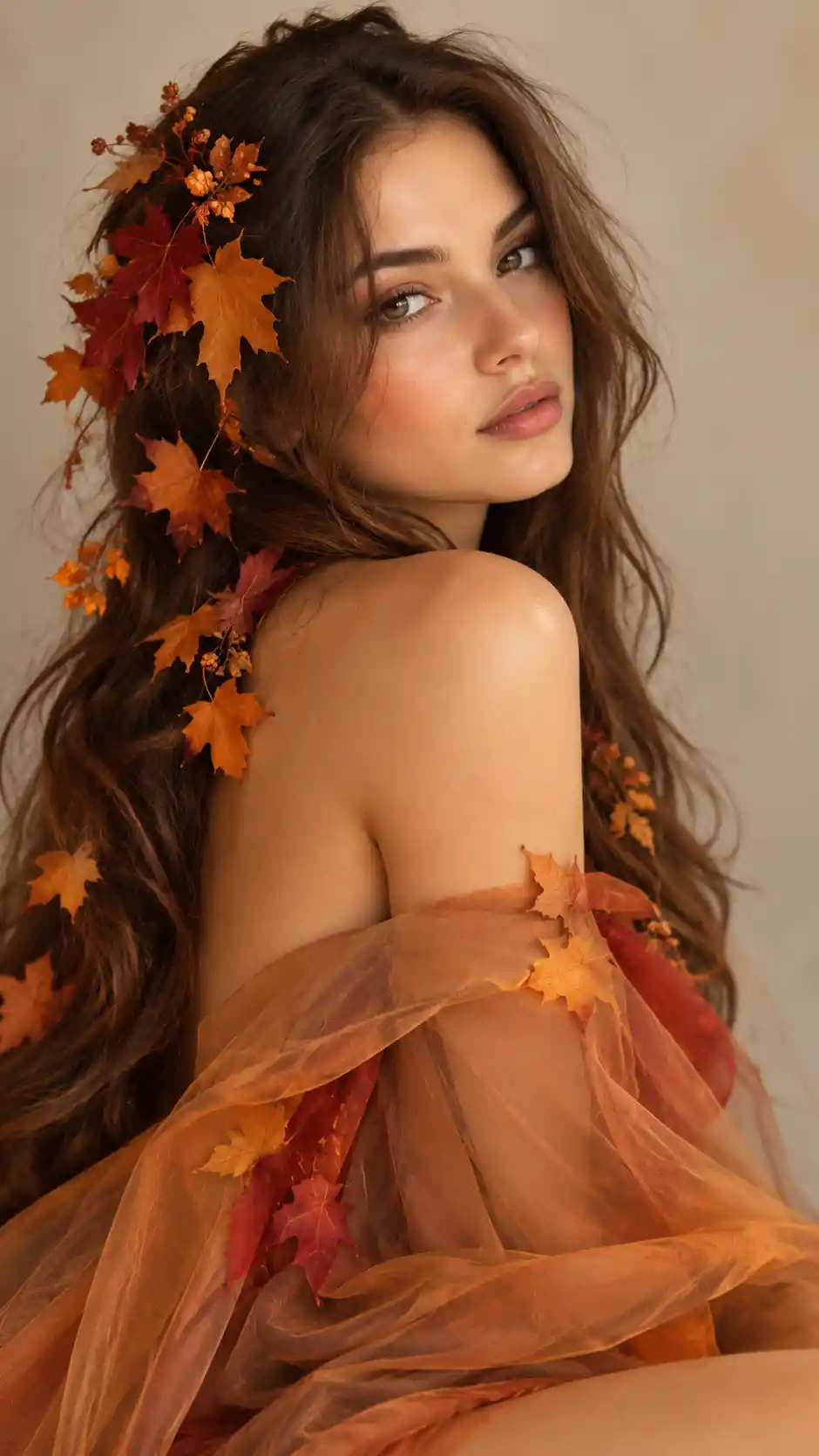 Young woman with autumn leaves in her long brown hair