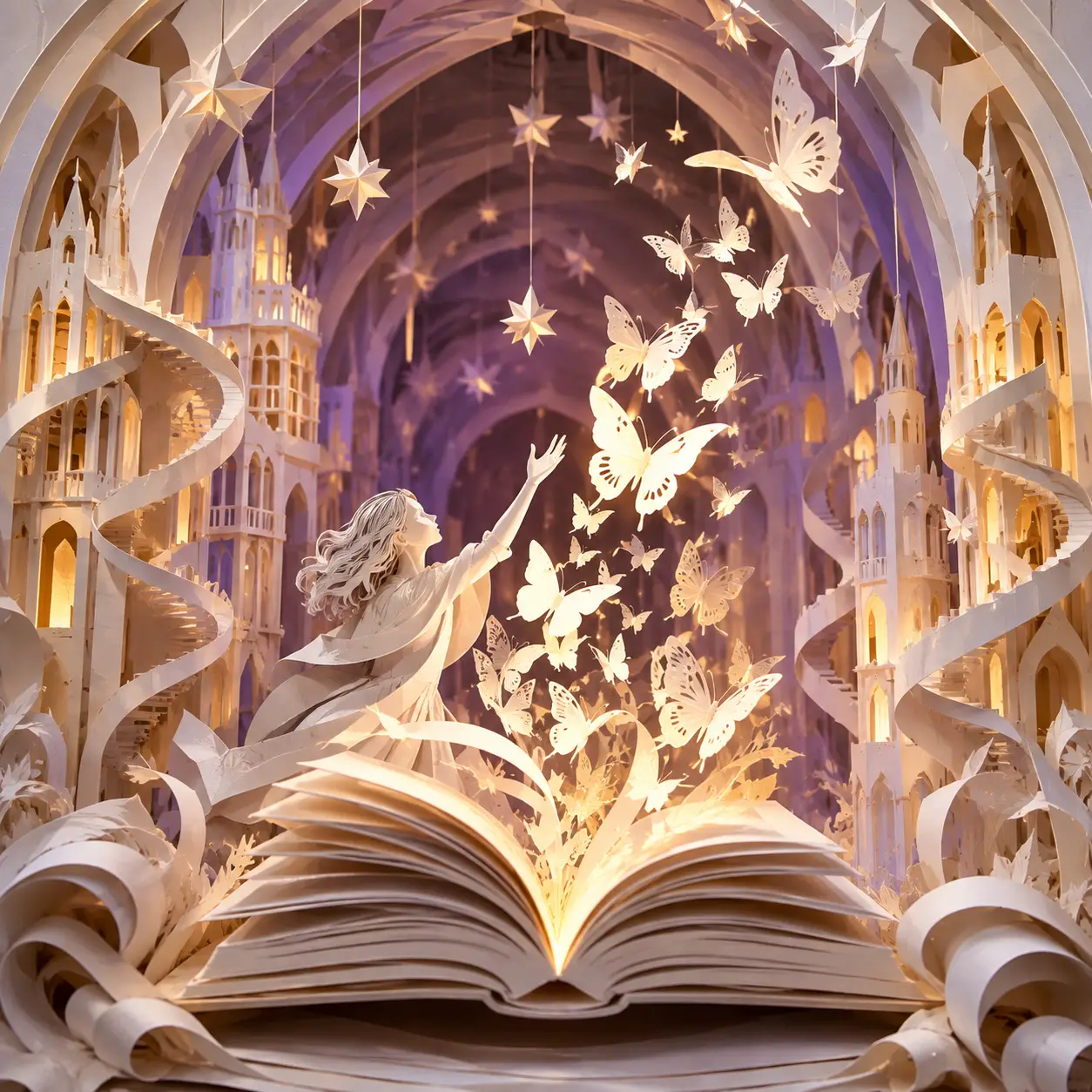 Libro di carta che libera farfalle in una scultura bianca luminosa