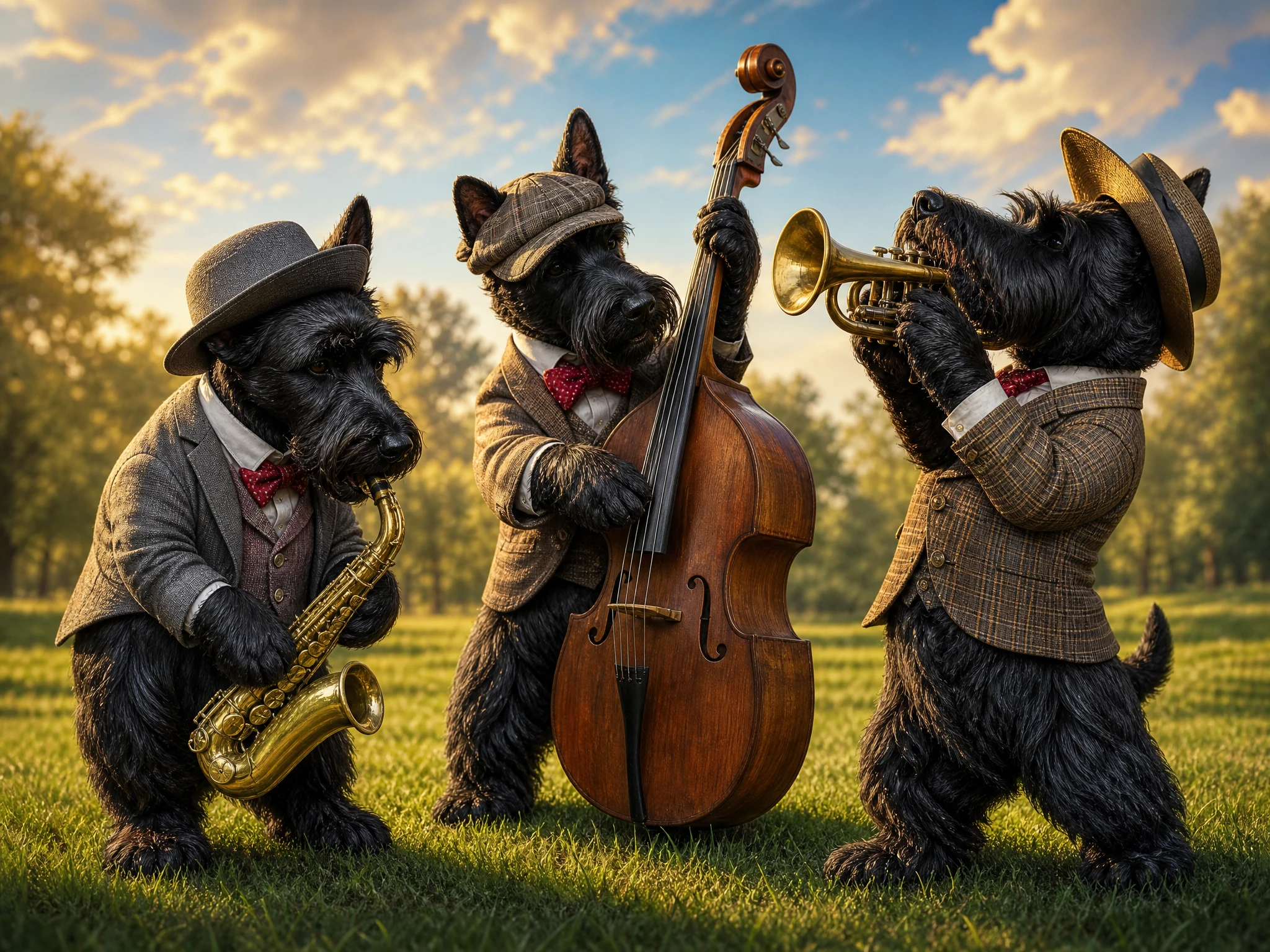 Scottish terrier jazz band playing on a sunny lawn