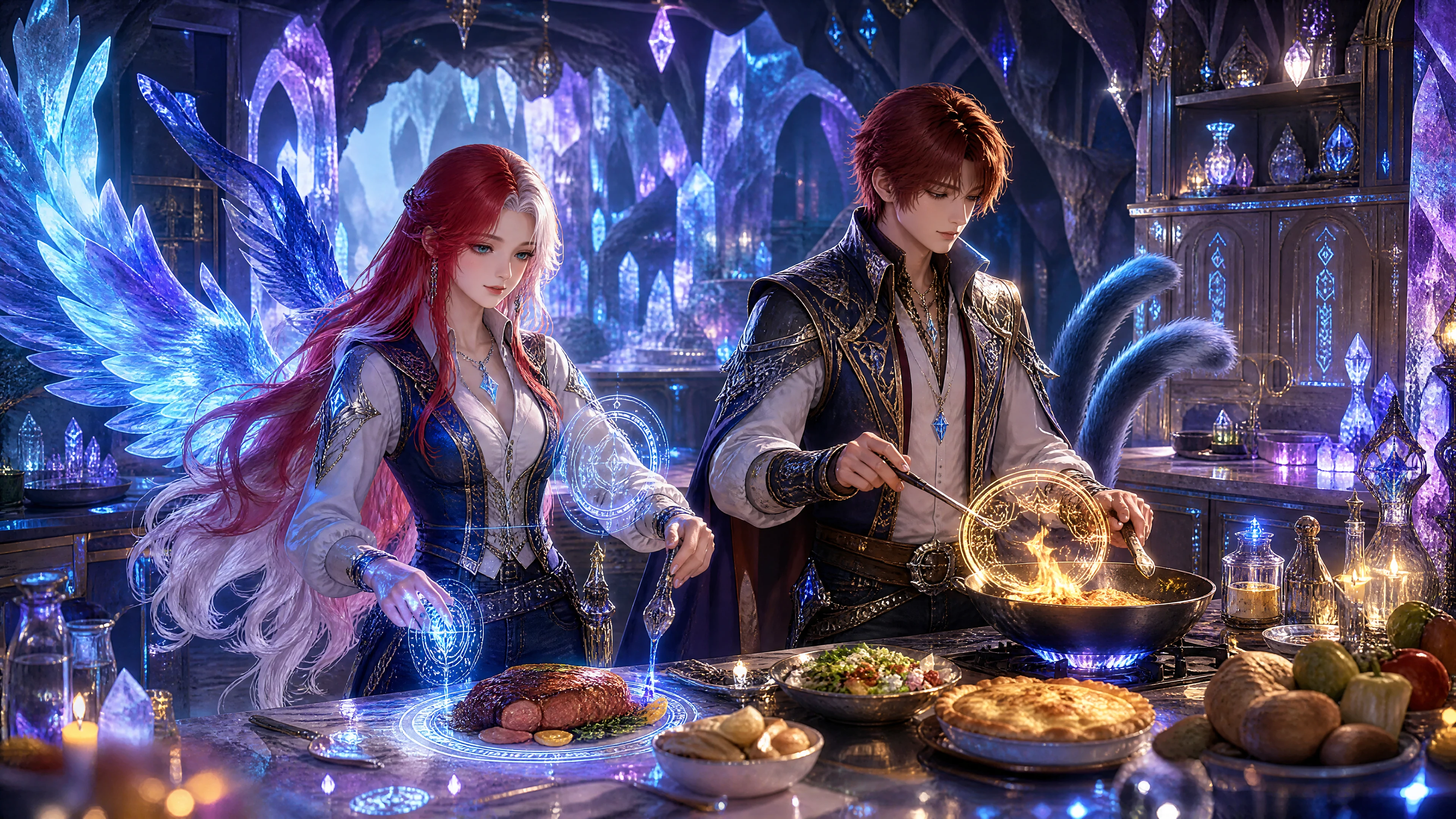 Maghi sposati che cucinano la cena in una caverna di cristallo luminosa