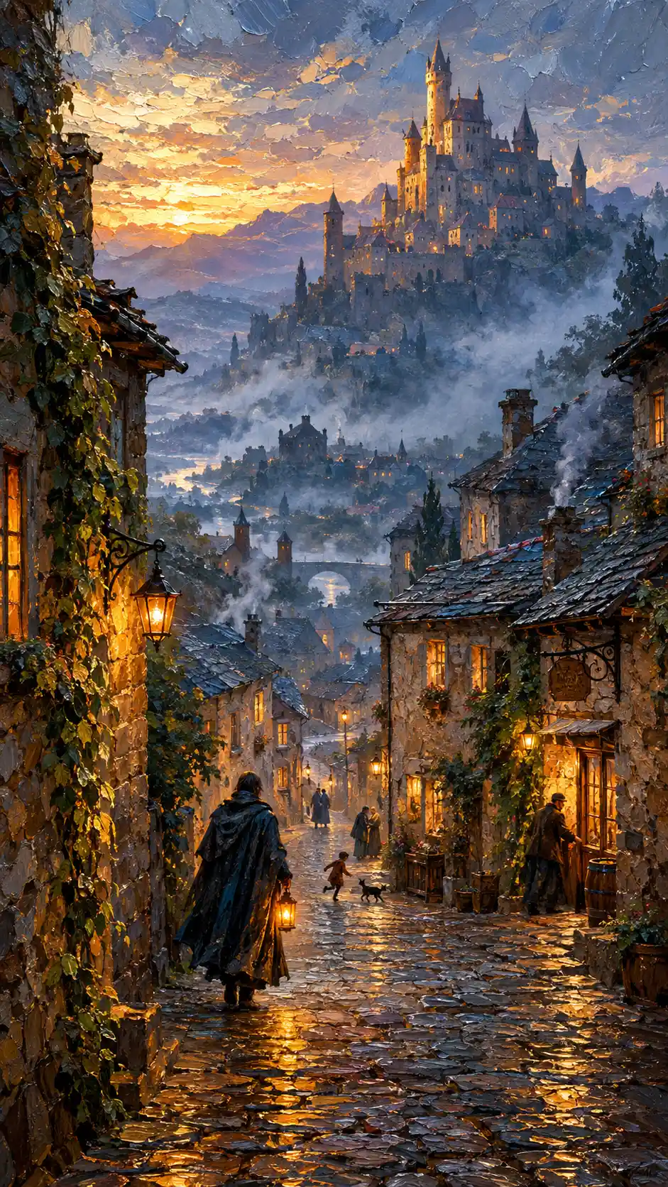 Medieval hill town street with lone traveler at twilight