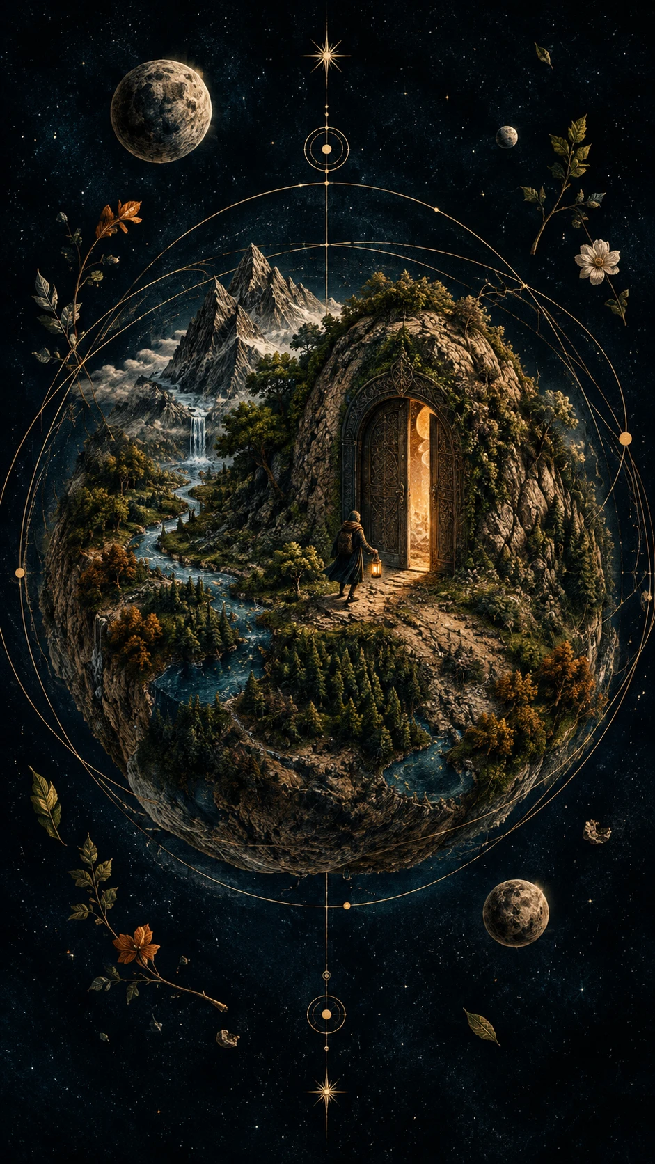 Tiny fantasy planet with a glowing doorway in space
