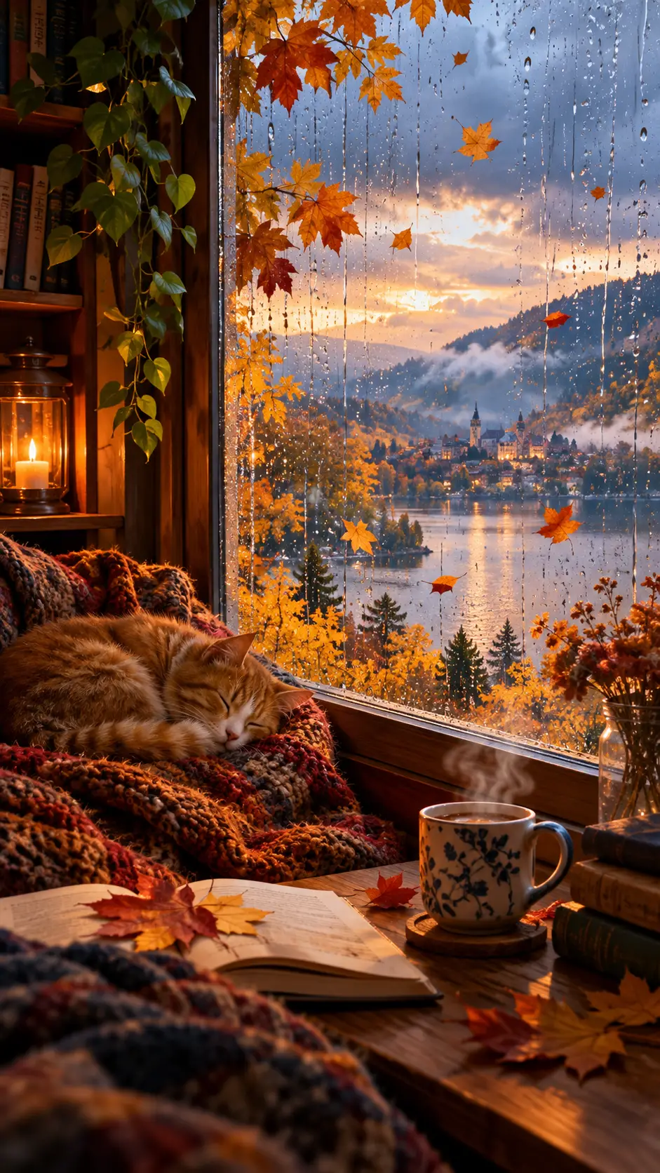 Joyful autumn trees seen through a rain kissed window