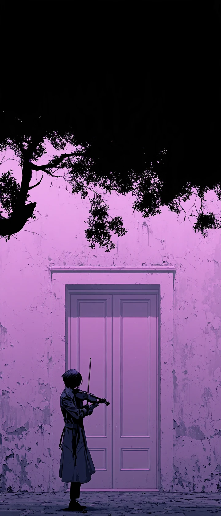 Lonely street musician playing violin beside glowing pastel door