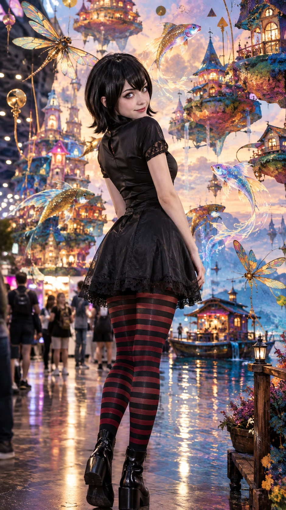 Cosplay girl in black dress glancing back at camera