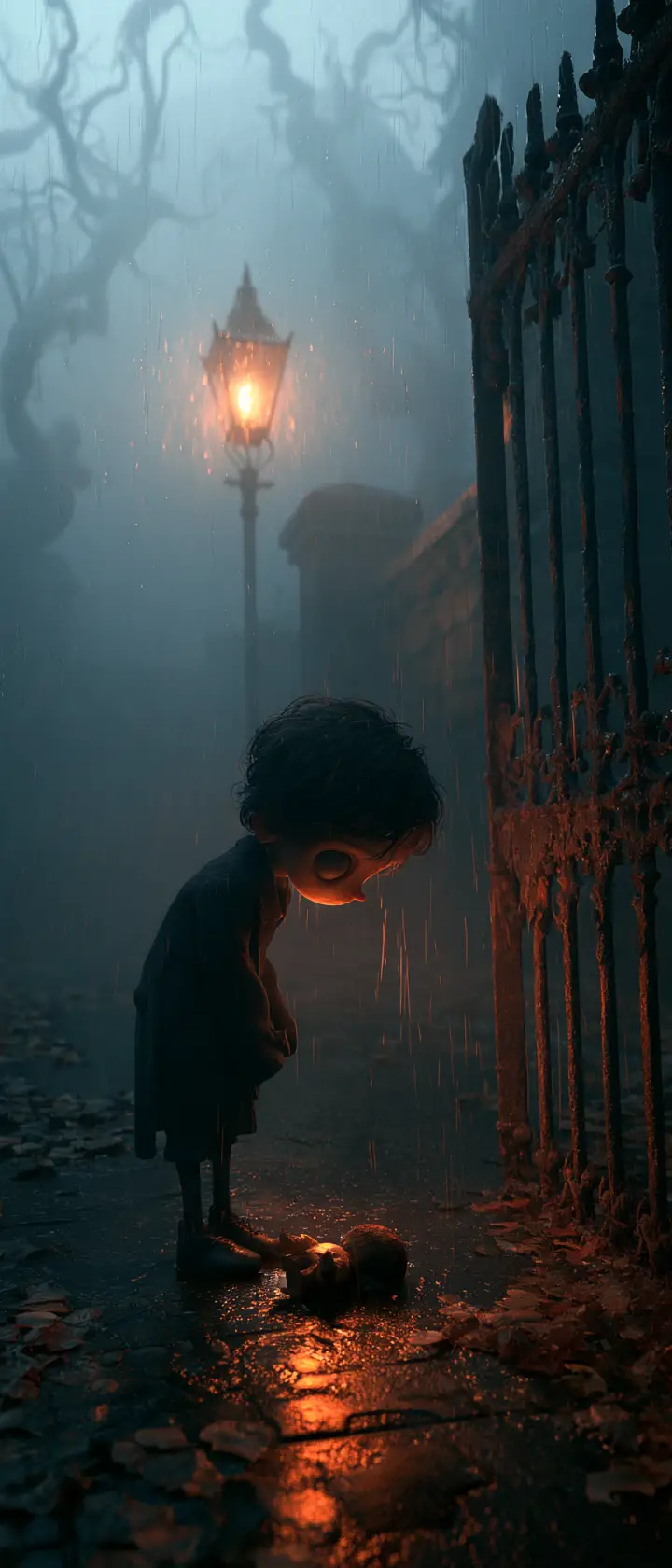 Lonely gothic child by a rusted gate in the rain
