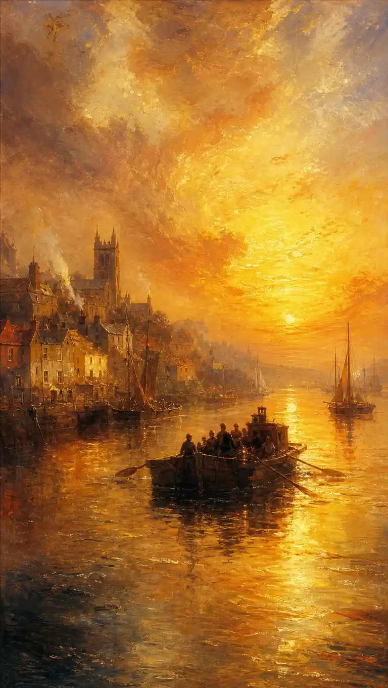 Golden sunset river scene with ferry and distant town