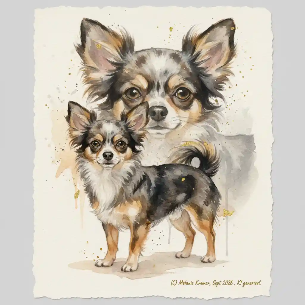 Watercolor double exposure portrait of a merle chihuahua