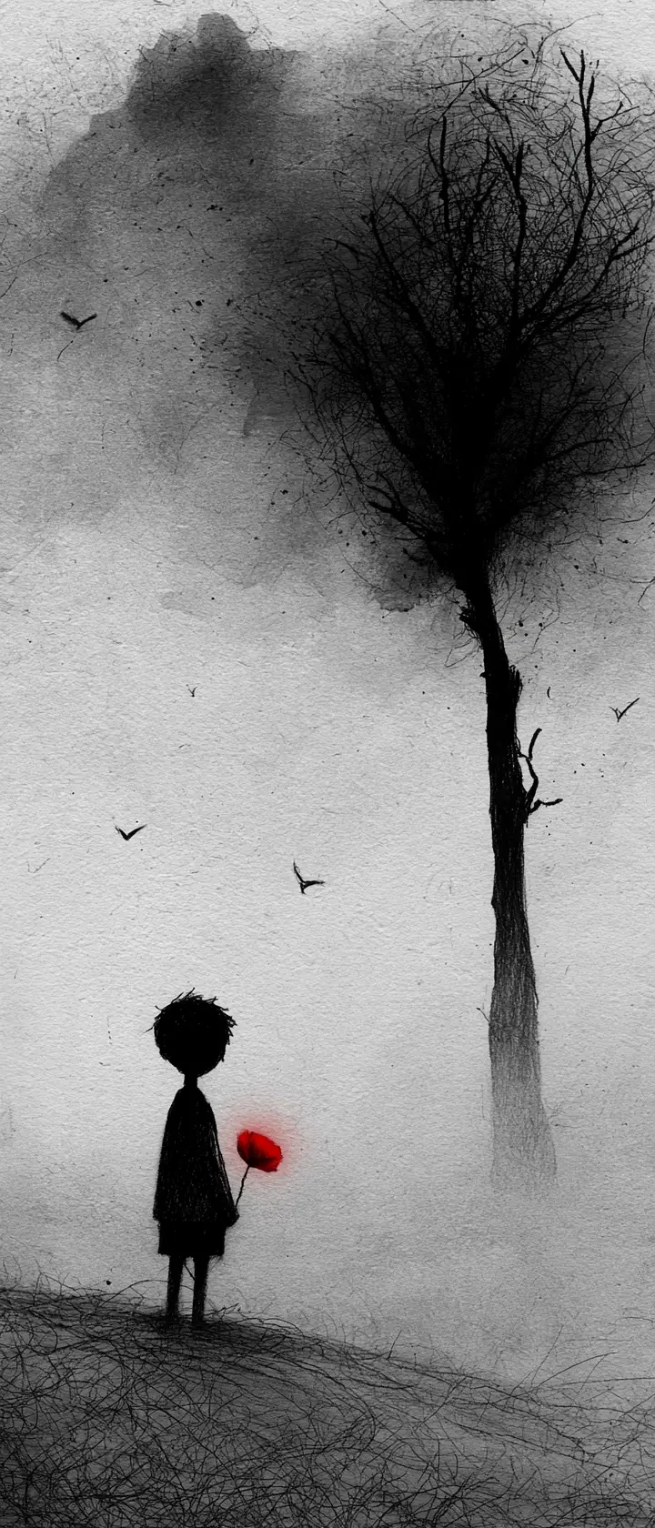 Lonely child with red poppy beneath a withered tree