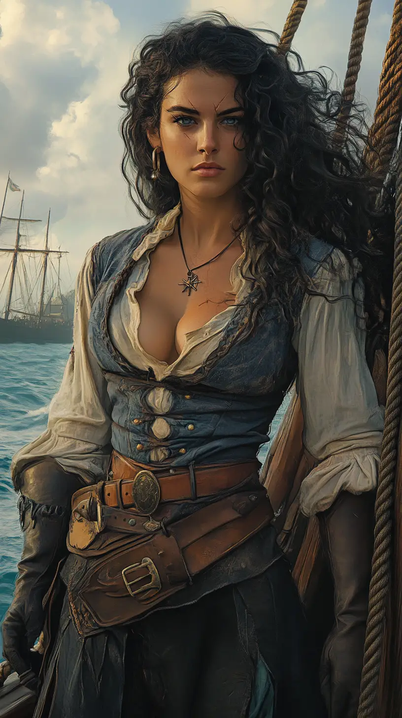 Fierce female pirate on ship against stormy sea sky