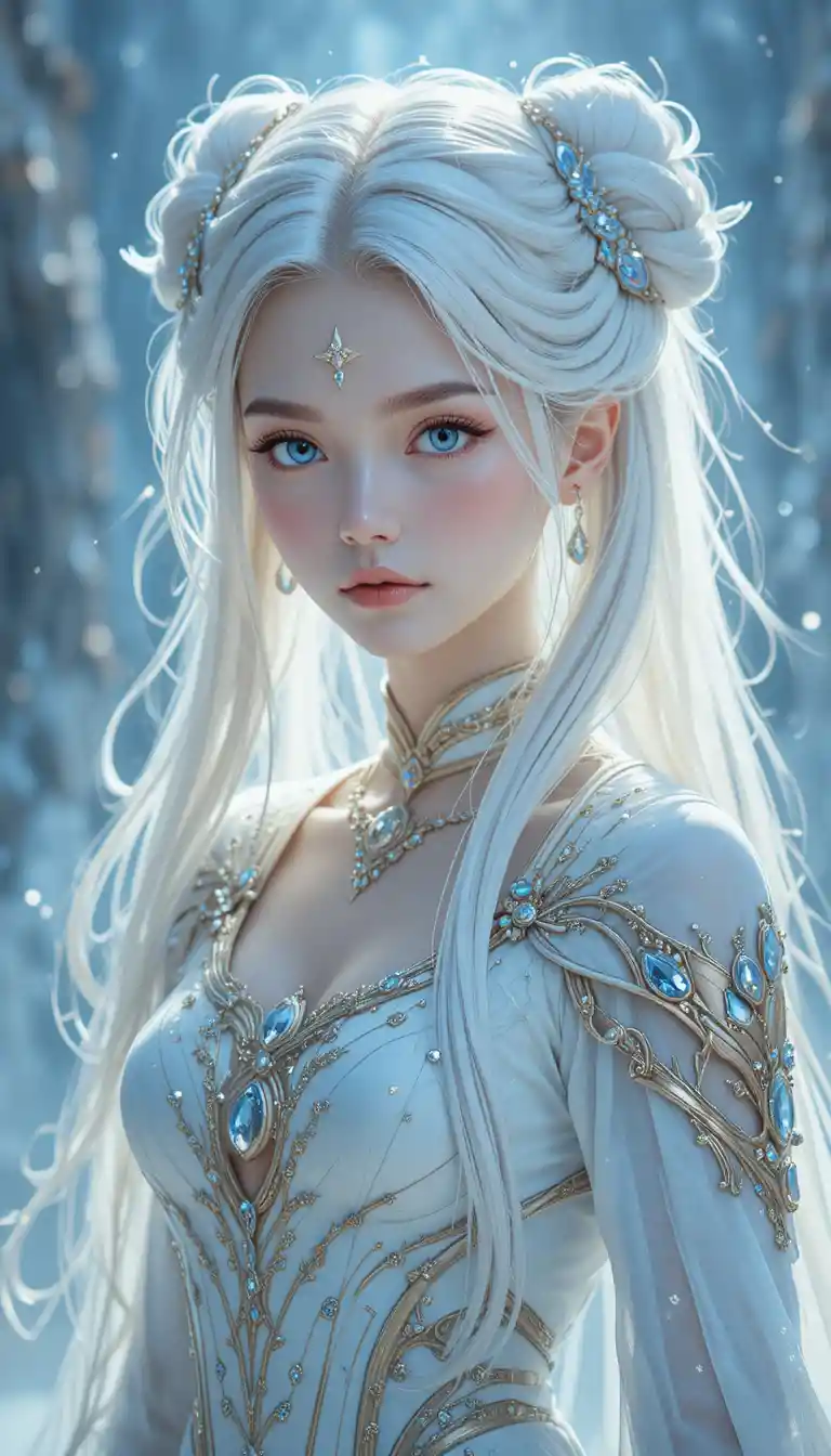 Elegant anime eliatrope woman in white and blue robes