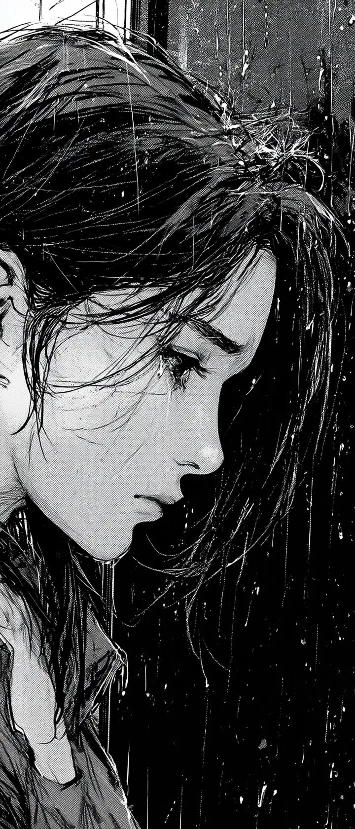 Sorrowful woman in rain by a dark window in manga style