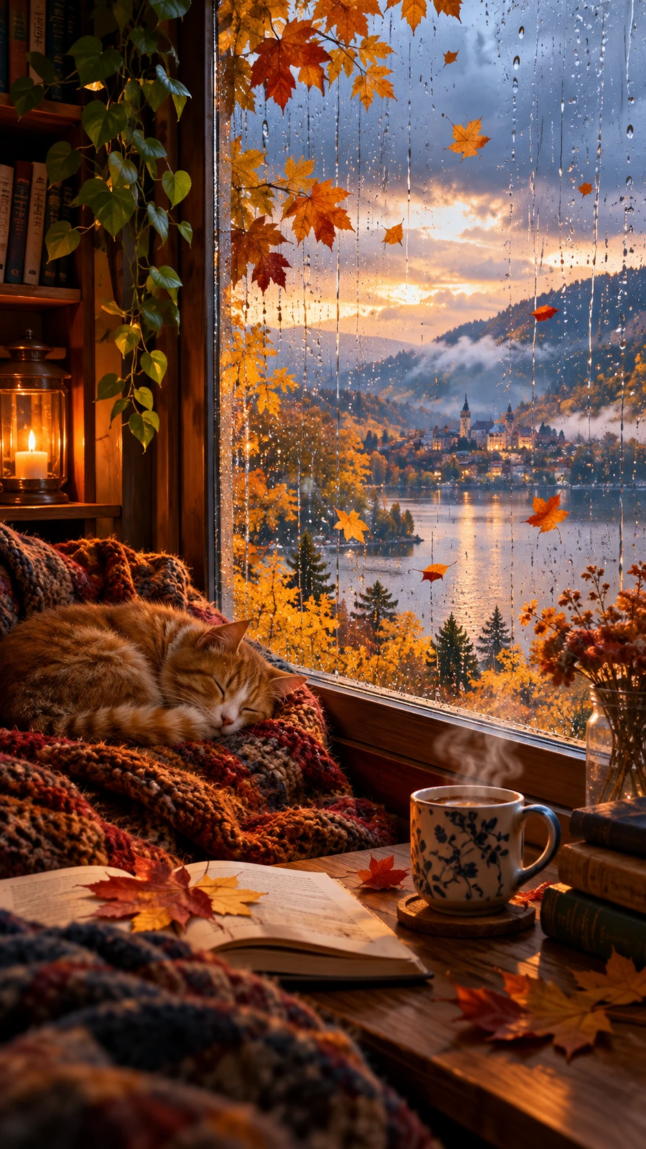 Joyful autumn trees seen through a rain kissed window