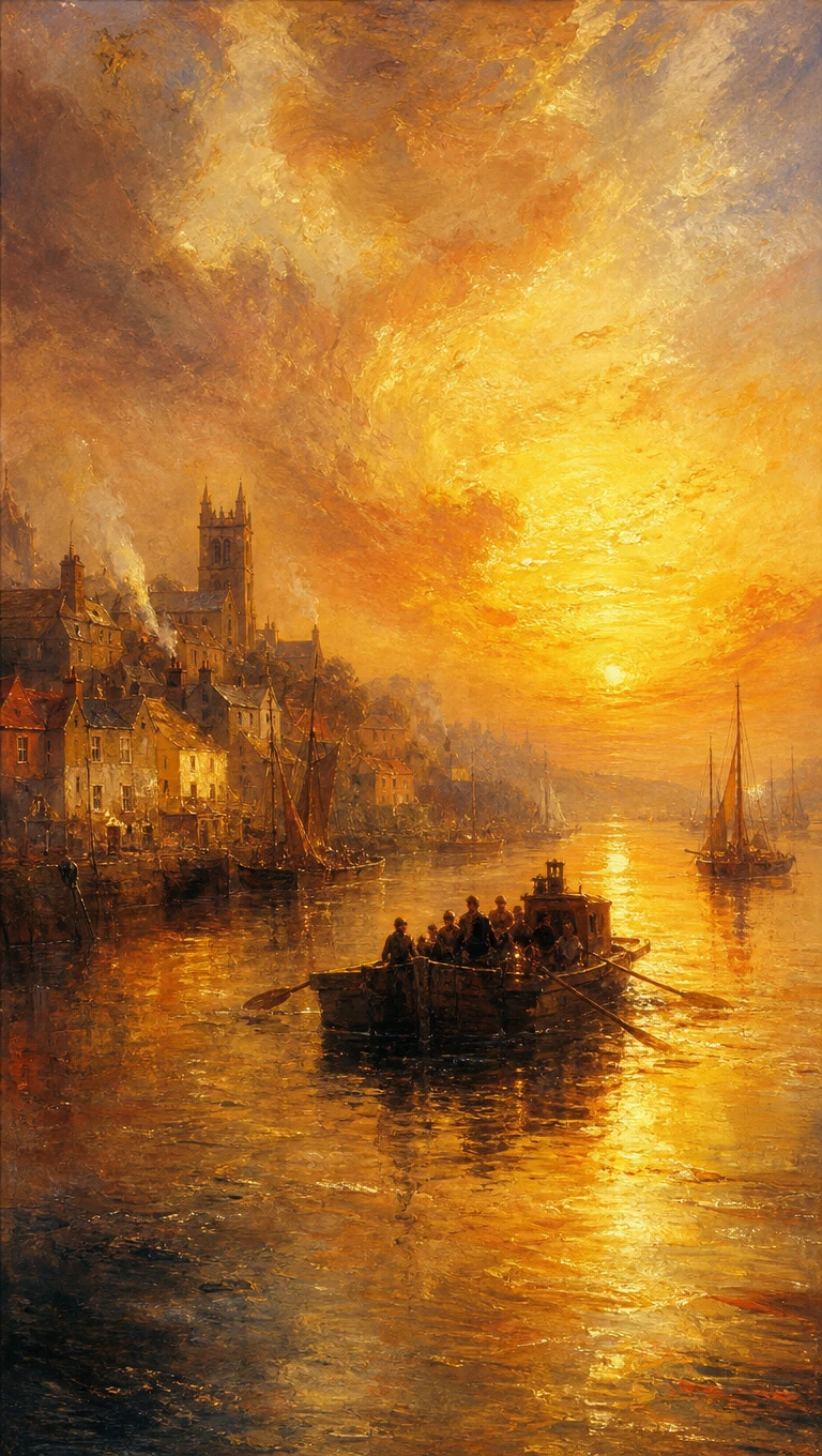 Golden sunset river scene with ferry and distant town