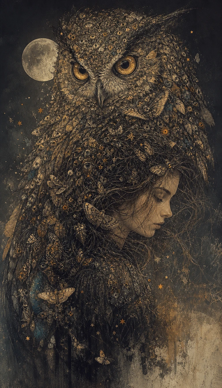 Woman and colossal owl merging in moonlit mixed media art