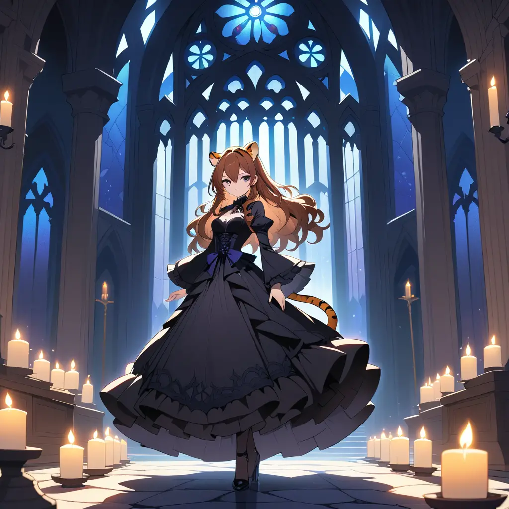 Elegante Anime-Tigerfrau in gotischer Kathedrale