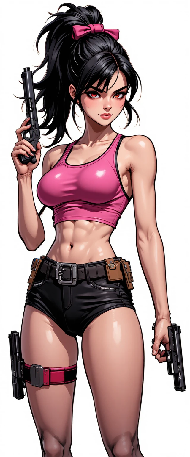 Armed warrior woman in pink top comic style portrait
