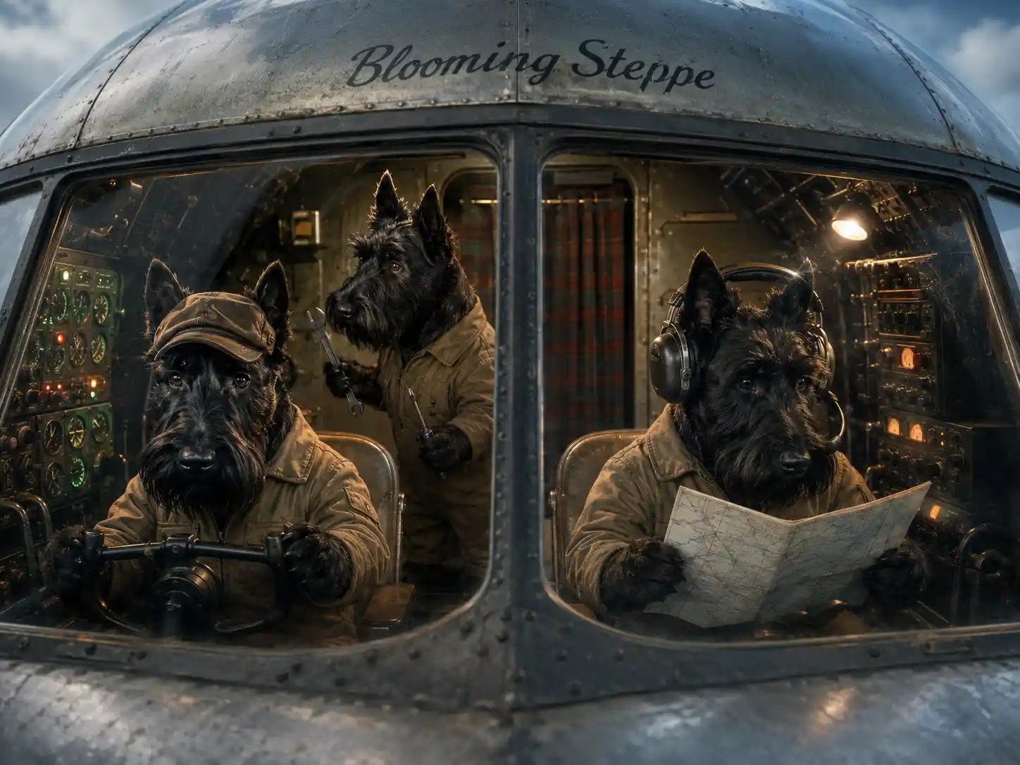 Anthropomorphic terrier crew in a vintage airplane cockpit