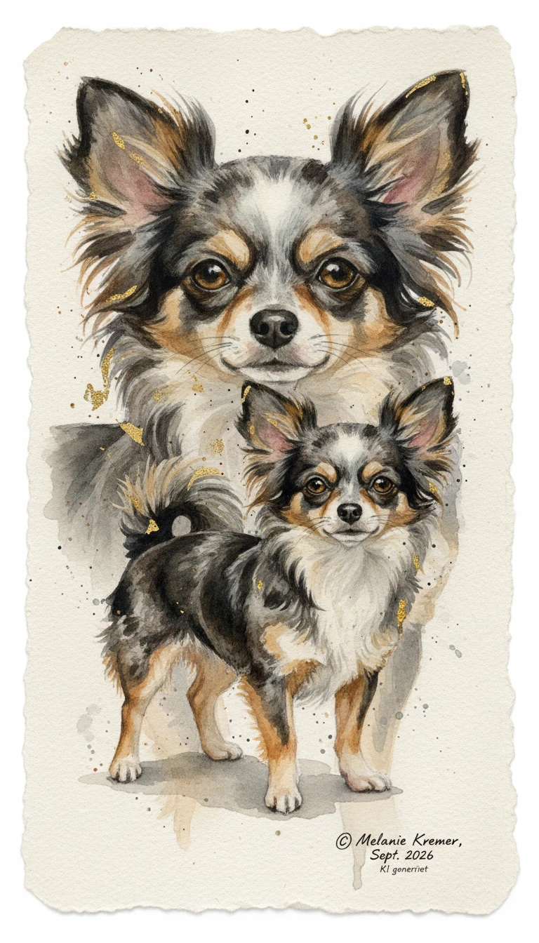Watercolor double exposure portrait of a long haired chihuahua