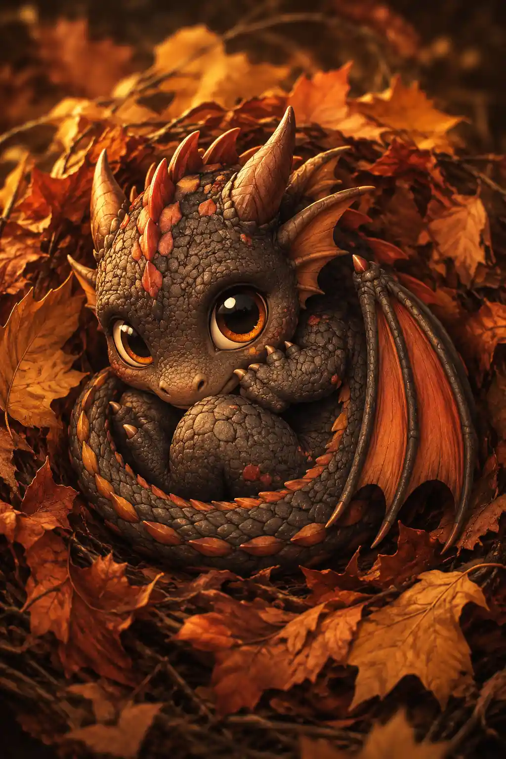 Cute baby dragon curled in a nest of autumn leaves
