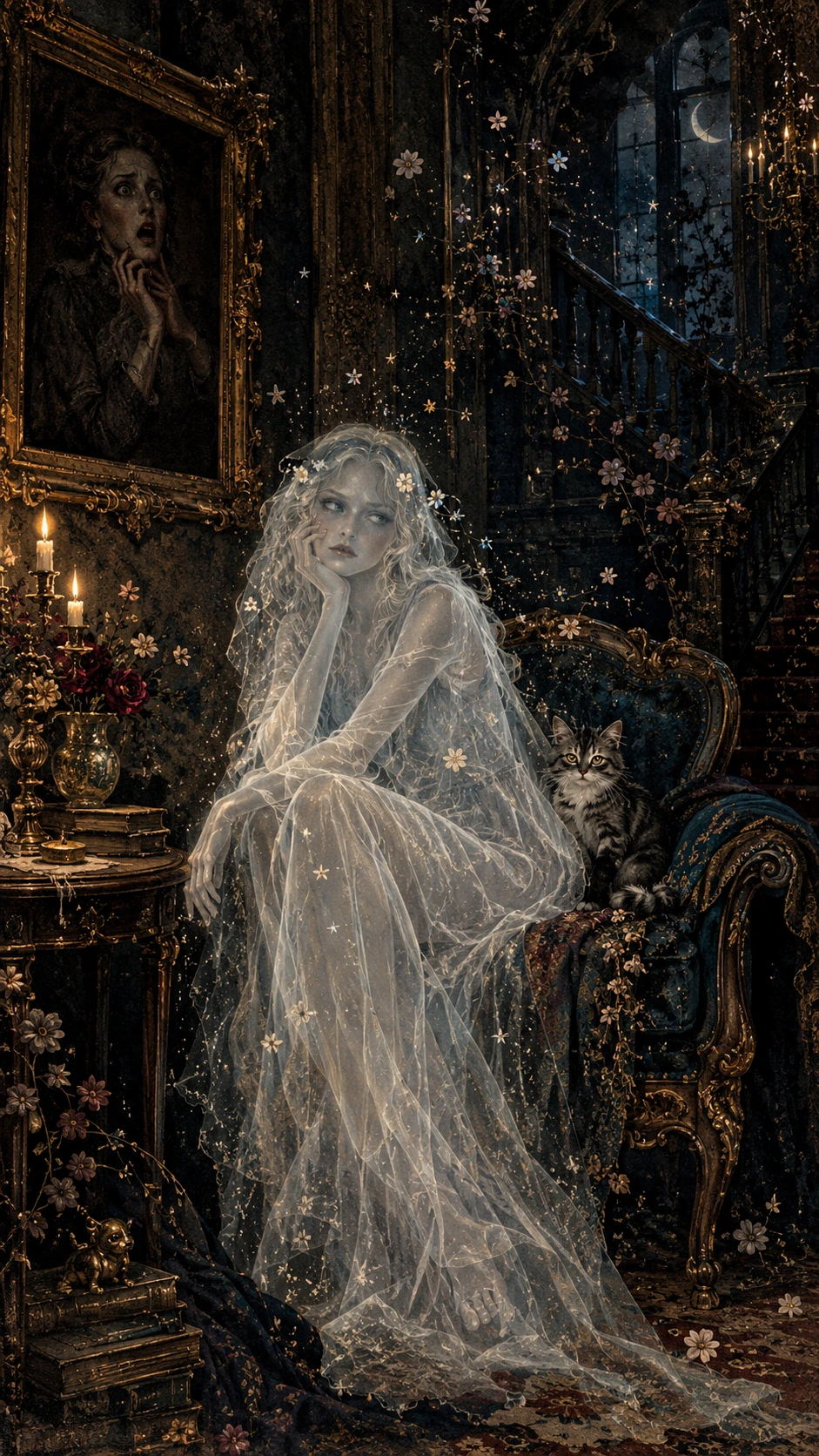 Elegant bored ghost sitting in an old haunted house