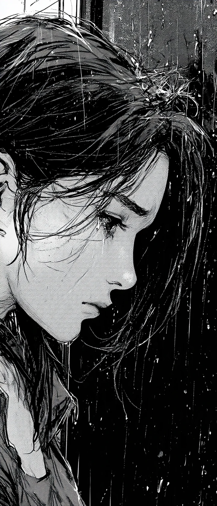 Femme triste sous la pluie près d’une fenêtre sombre, style manga