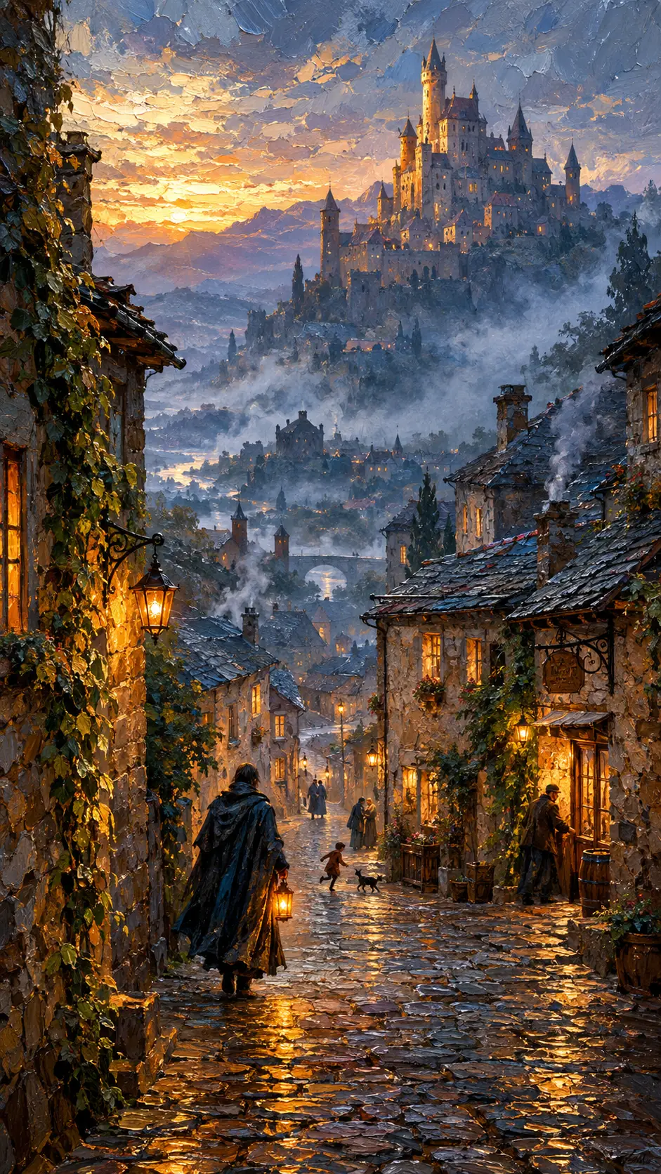 Medieval hill town street with lone traveler at twilight