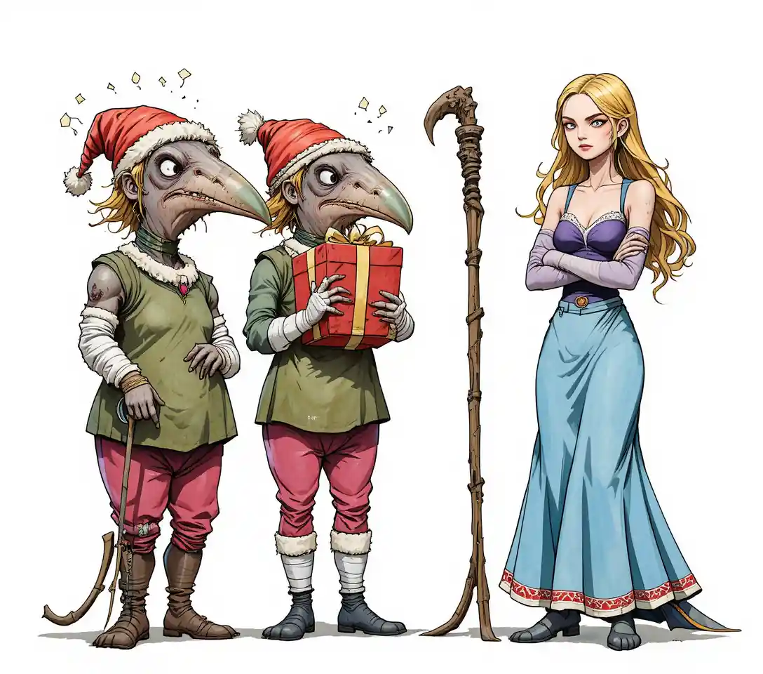 Seductive horned holiday demon holding a monstrous gift head