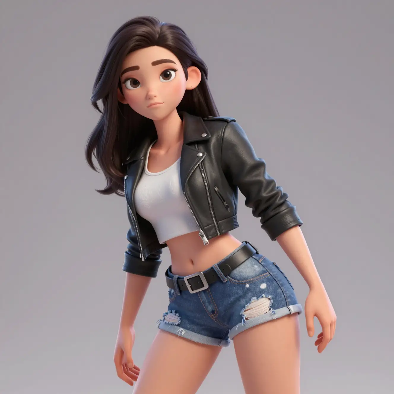Stylized 3D woman in leather jacket and denim shorts