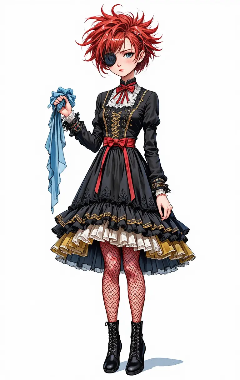 Anime girl in gothic lolita dress with eyepatch