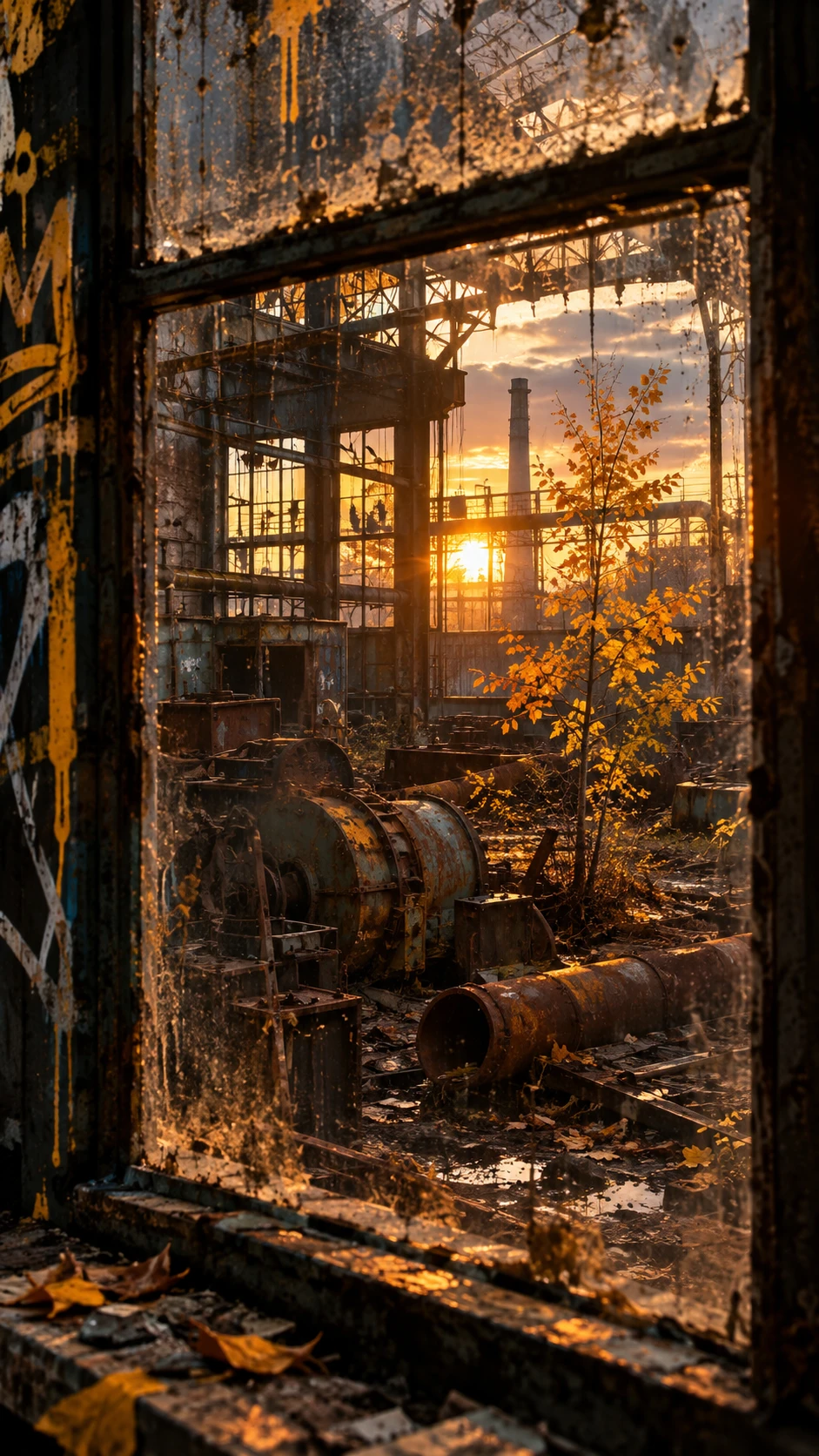Autumn sapling in an abandoned factory at sunset
