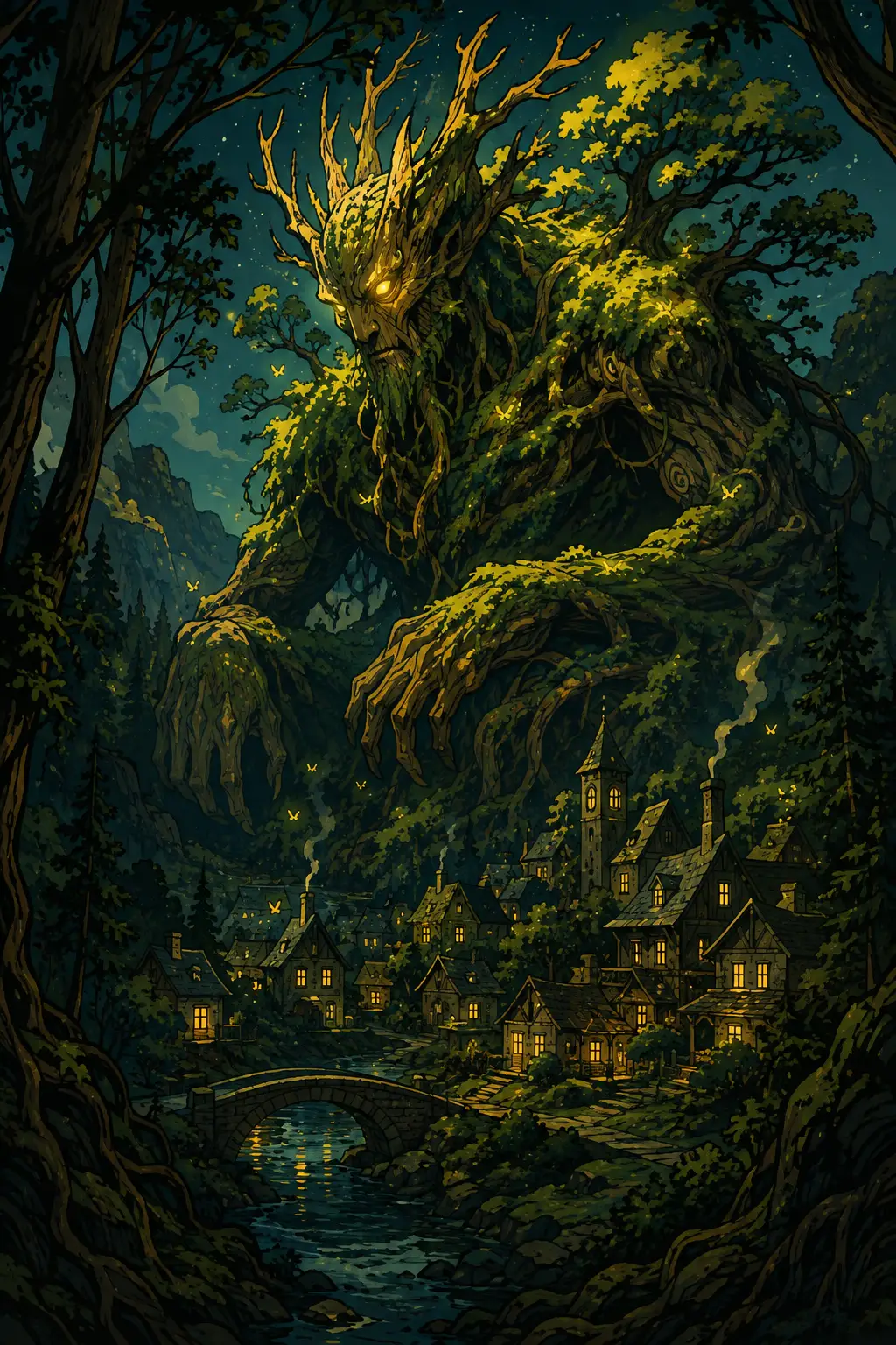 Forest guardian of roots watching over a sleeping village