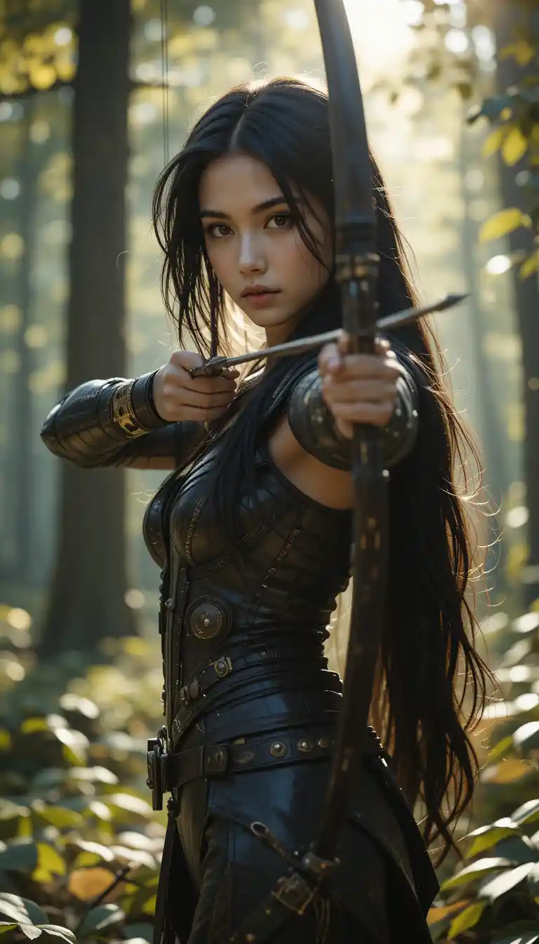 Female archer drawing her bow in a sunlit forest