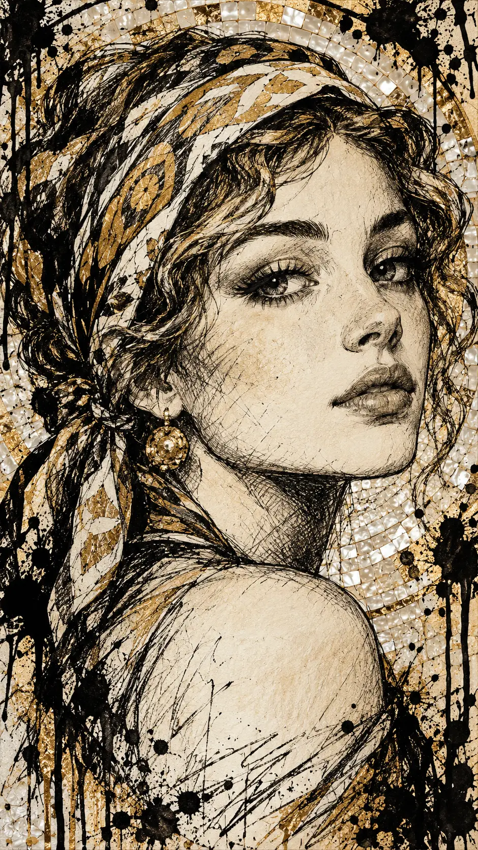 Ink portrait of a young woman with bandana and pearl background