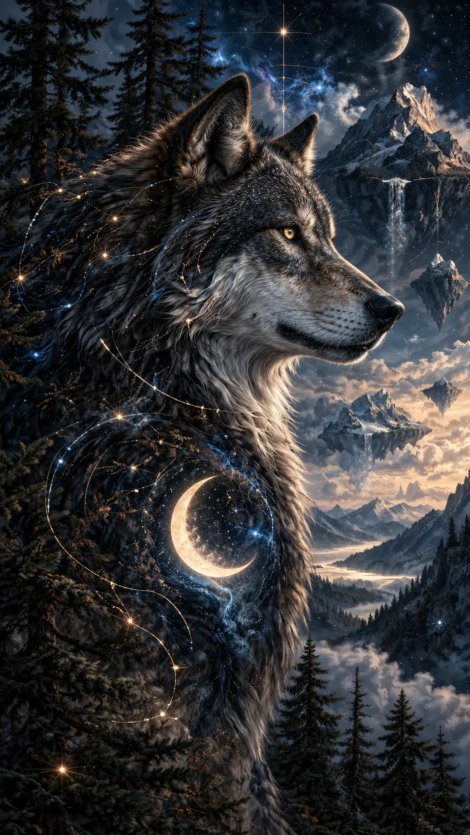 Mythisches Wolfs-Porträt, das aus einem kosmischen Nachtwald auftaucht