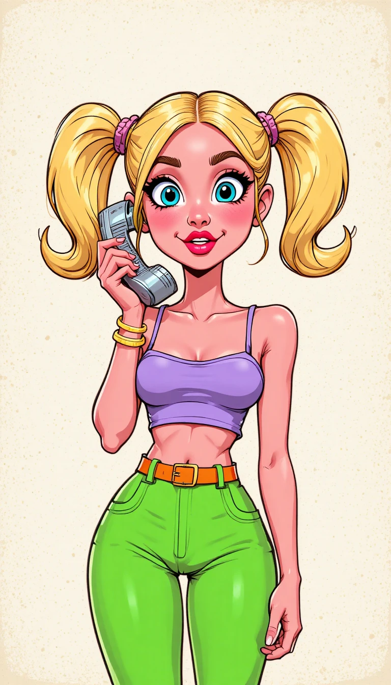 Playful cartoon girl with tin can telephone and bold colors