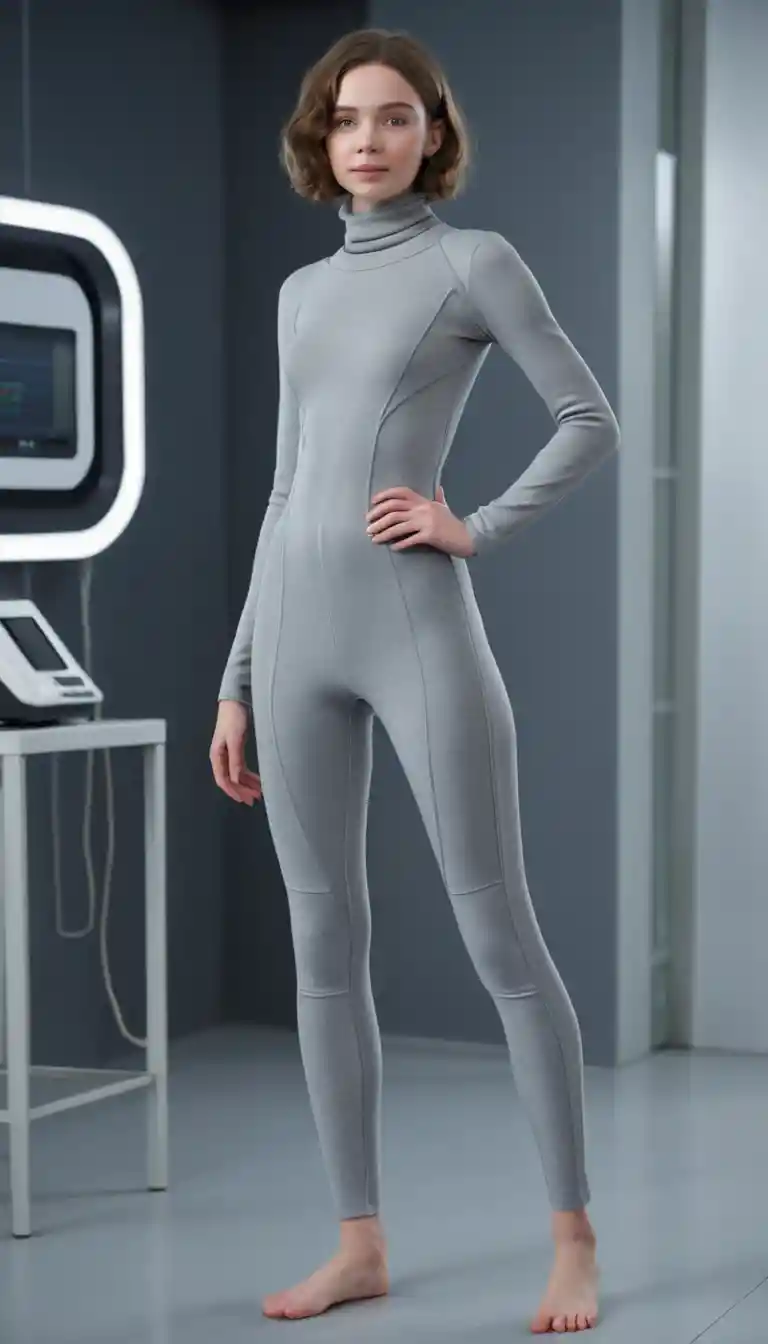 Barefoot young woman in grey bodysuit in sci fi laboratory