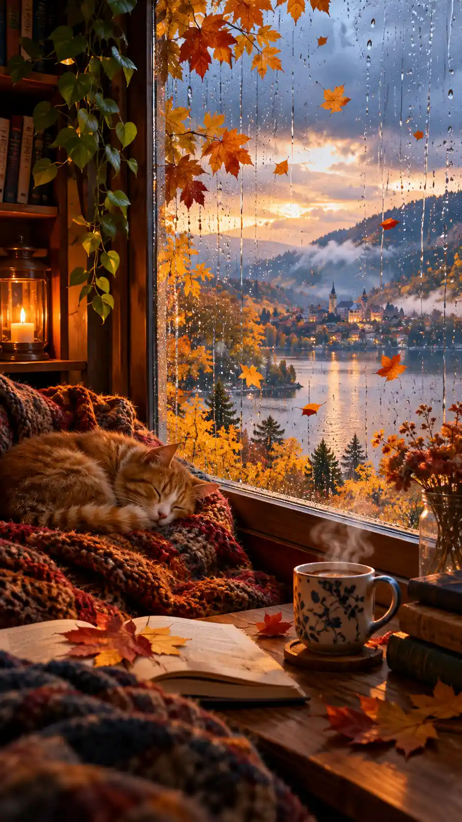 Joyful autumn trees seen through a rain kissed window