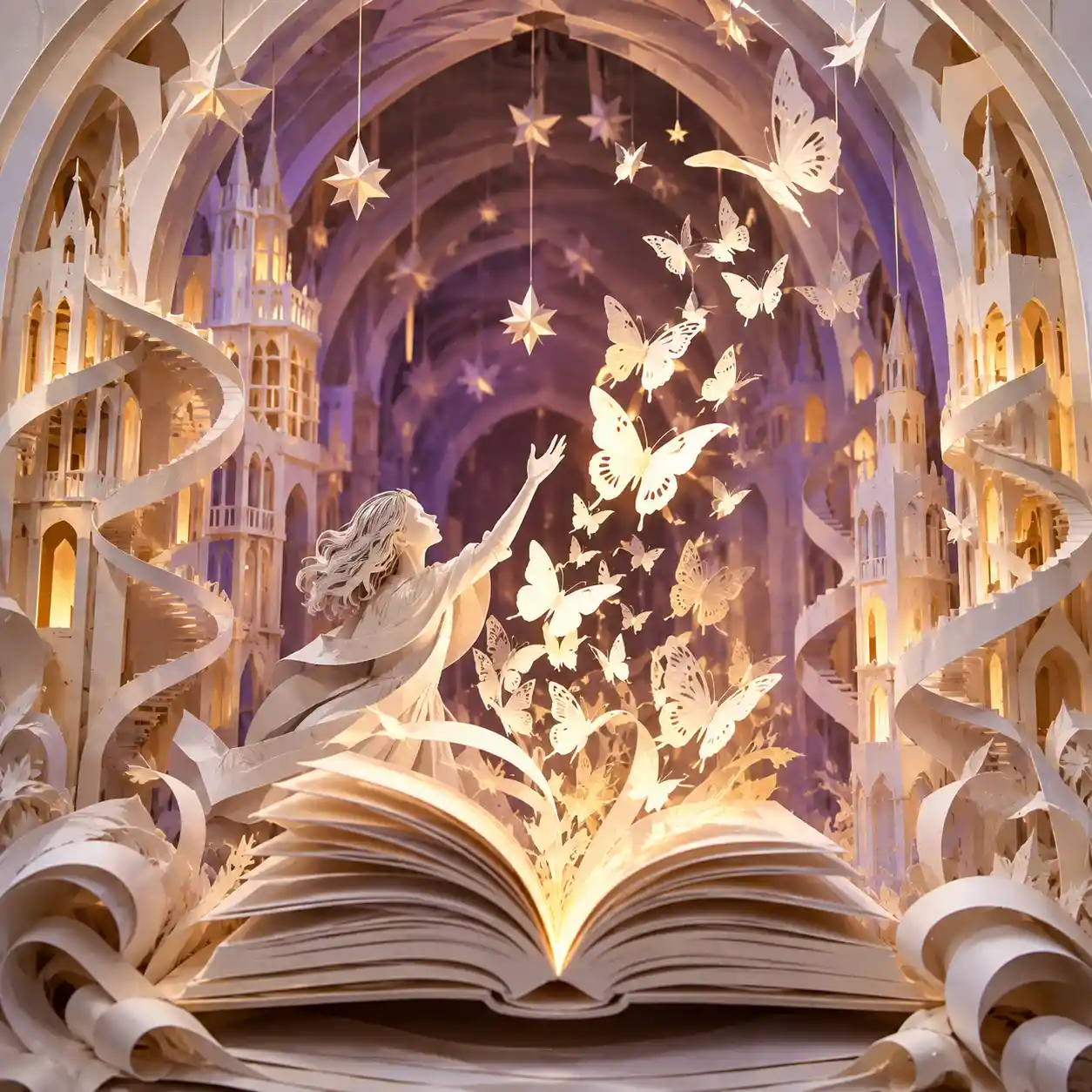 Papierkunst-Buch, das Schmetterlinge in leuchtender weißer Skulptur freisetzt