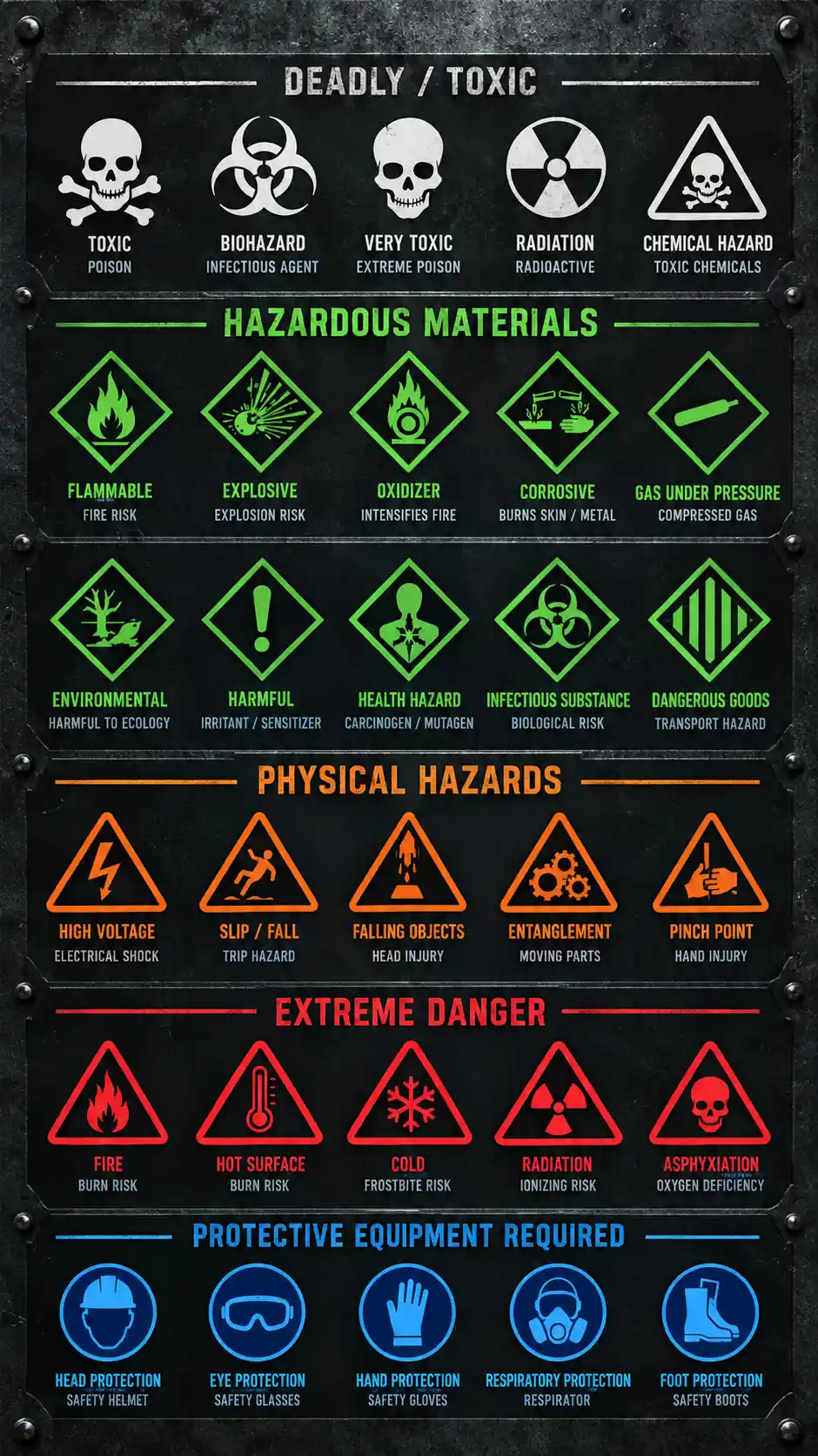 Vertical panel of colored industrial hazard and safety symbols