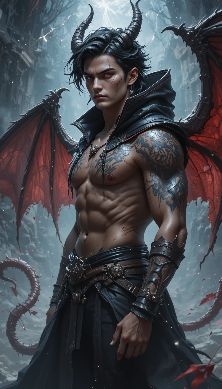 Demonic winged warrior man in a dark cosmic realm