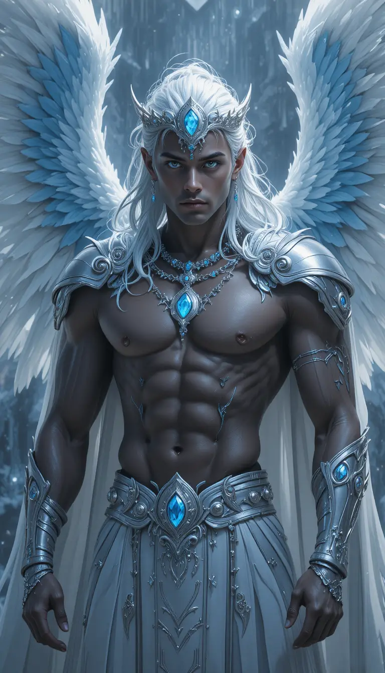Dark skinned anime valkyrie man with white wings