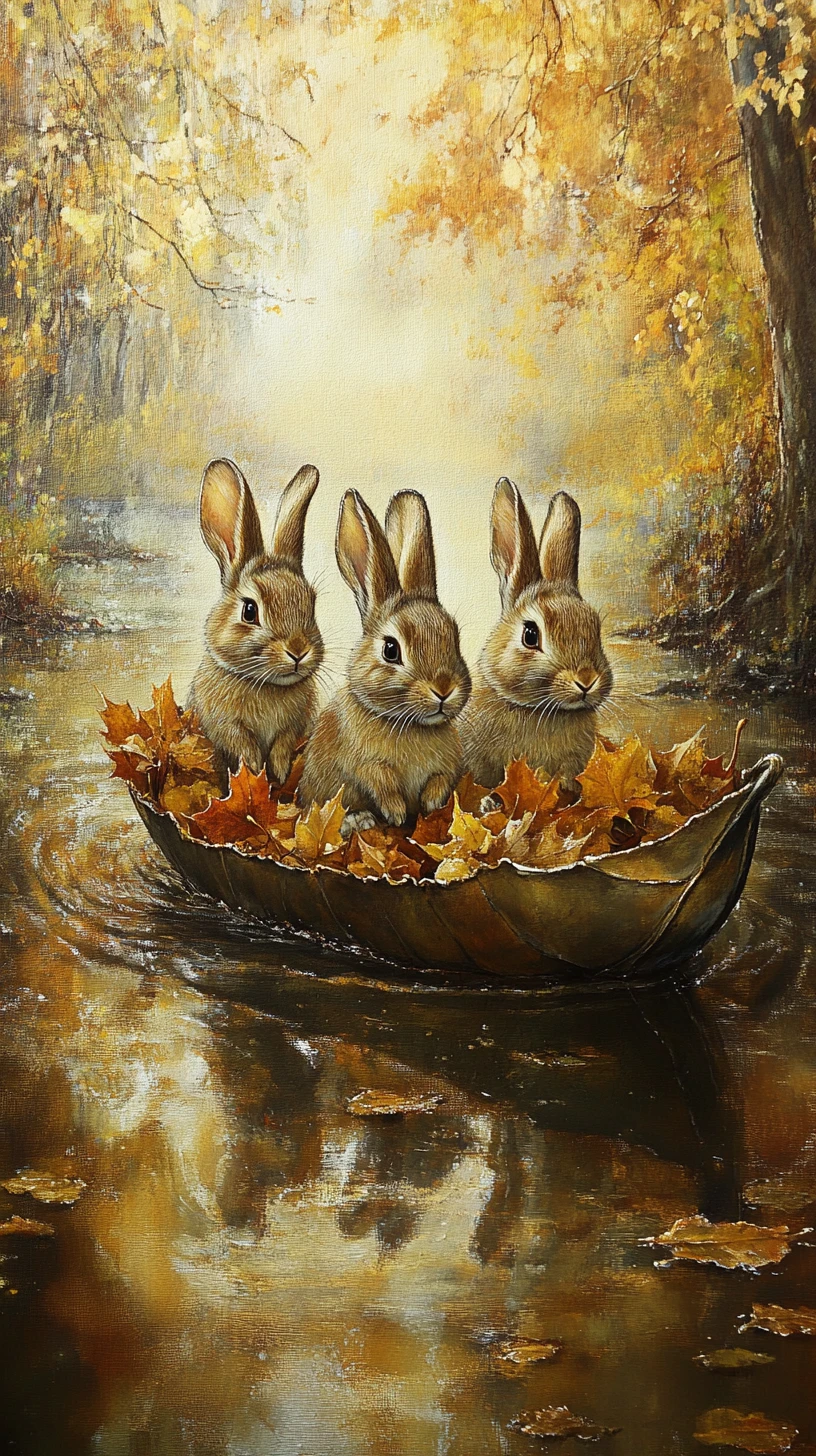 Four rabbits sailing in a leaf boat on calm autumn water