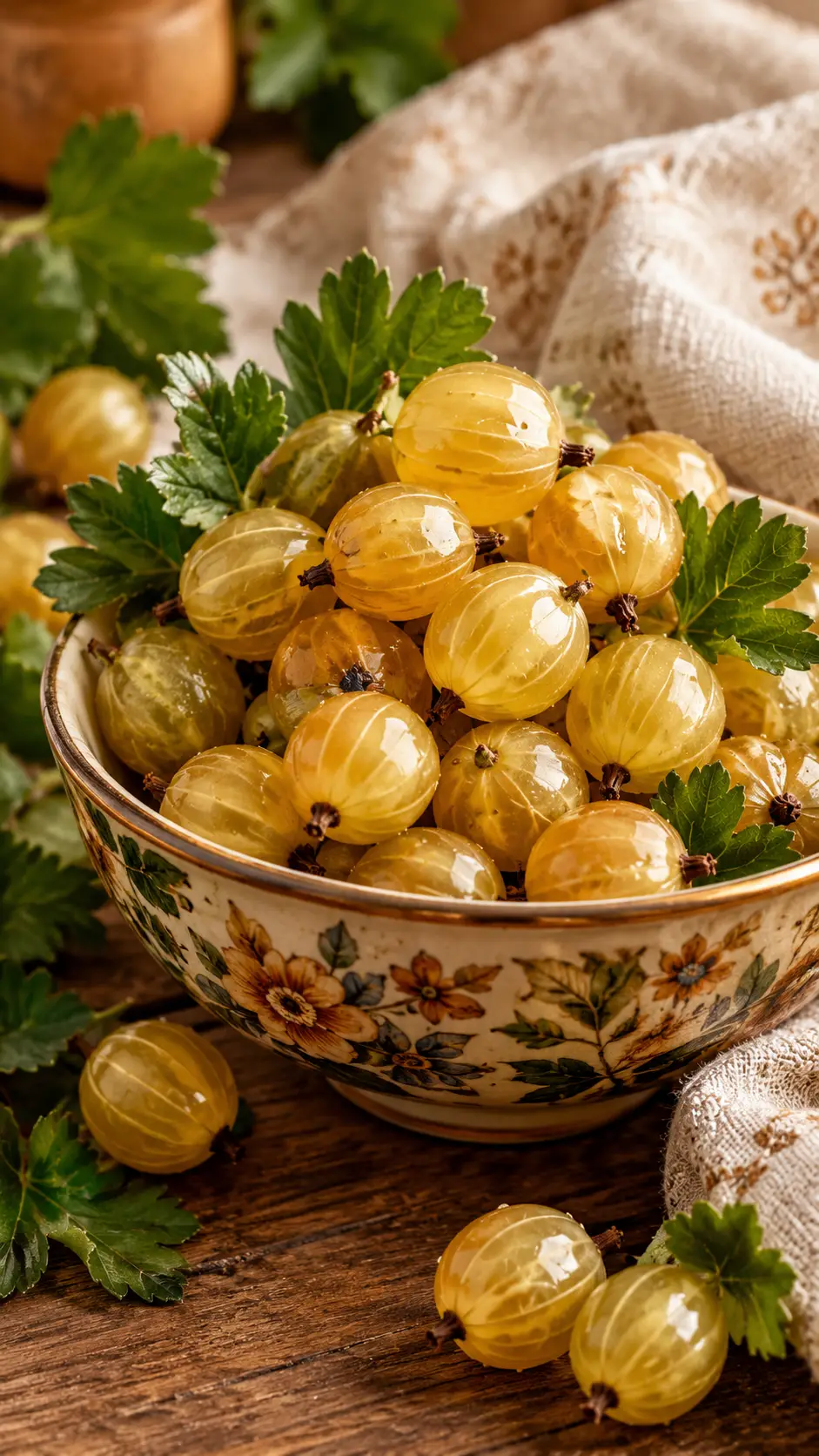 Golden gooseberries in a floral bowl on wooden table