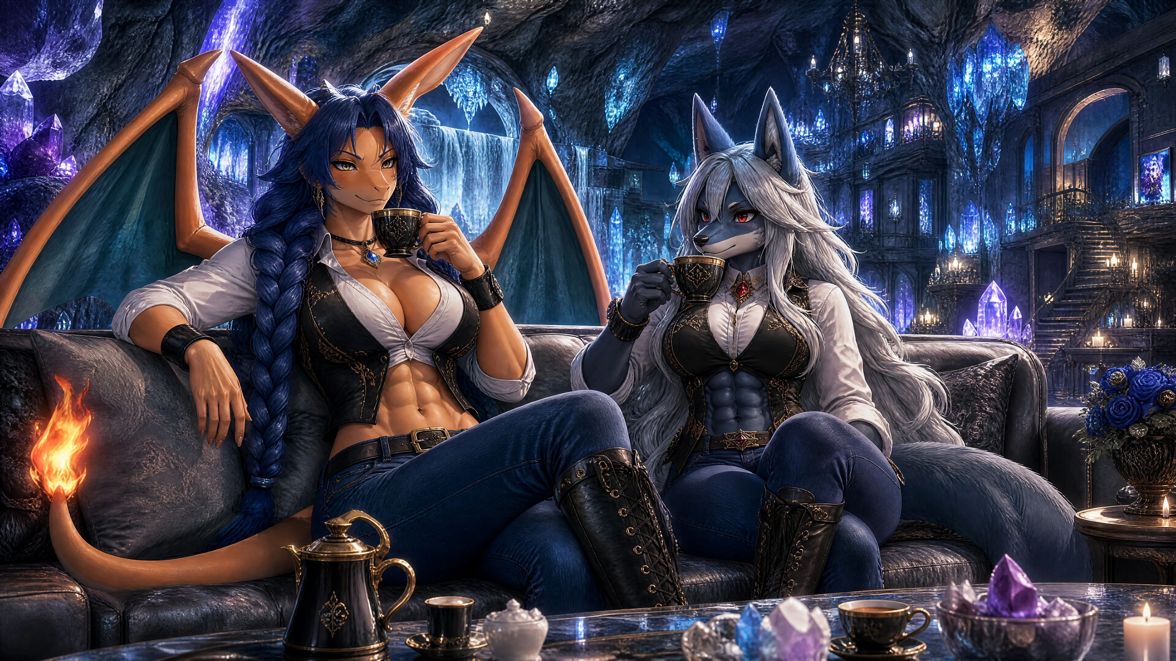 Anthro dragon and jackal women relaxing in crystal cavern