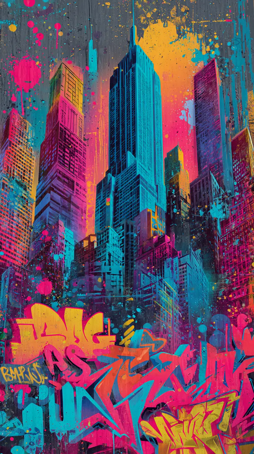 Colorful street art mural of an abstract urban cityscape